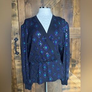 ST JOHN for Saks Fifth Avenue Santana Knit Black Iridescent Wrap Sweater Sz 14